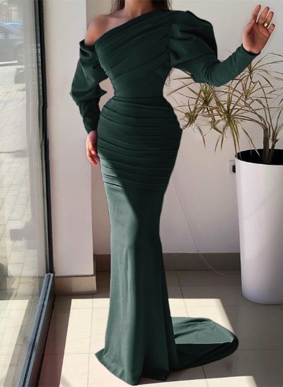 Trumpet/Mermaid Asymmetrical Long Sleeves Elastic Satin Evening Dresses