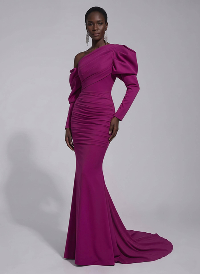 Trumpet/Mermaid Asymmetrical Long Sleeves Sweep Train Elastic Satin Prom Dresses