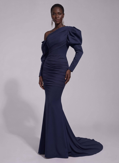 Trumpet/Mermaid Asymmetrical Long Sleeves Elastic Satin Evening Dresses