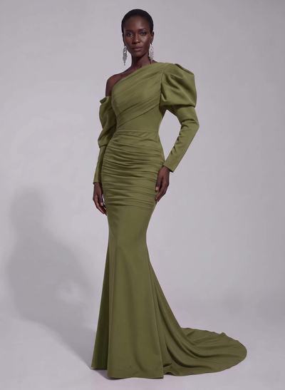 Trumpet/Mermaid Asymmetrical Long Sleeves Elastic Satin Evening Dresses