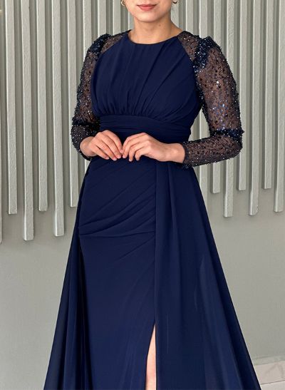 Scoop Neck Long Sleeves Sequined Mother Of The Bride Dresses With Split Front