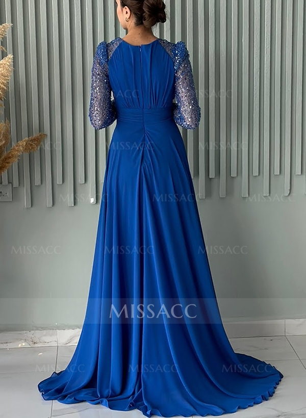 Scoop Neck Long Sleeves Sweep Train Sequined Evening Dresses With Split Front