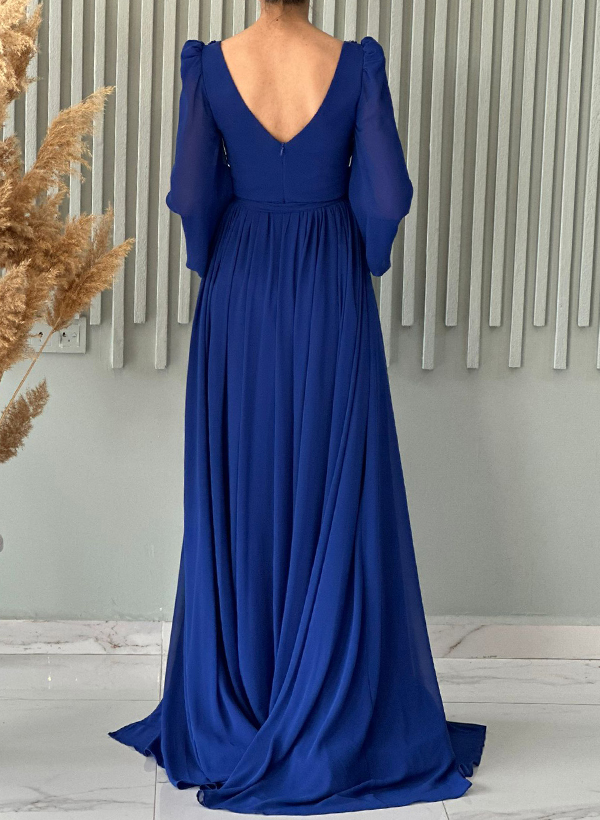 A-Line Long Sleeves Sweep Train Chiffon Evening Dresses With Split Front