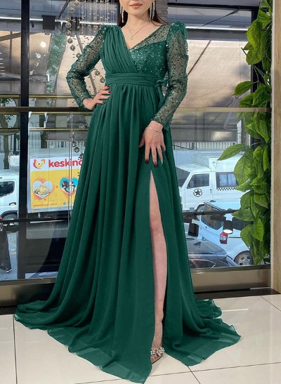 A-Line V-Neck Long Sleeves Sequined Evening Dresses With Split Front