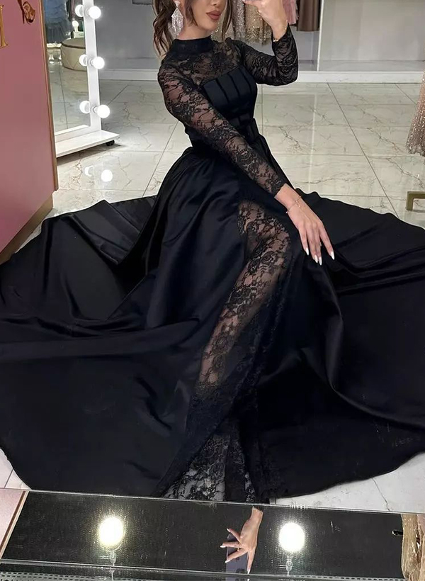 A-Line Illusion Neck Long Sleeves Satin Evening Dresses With Lace
