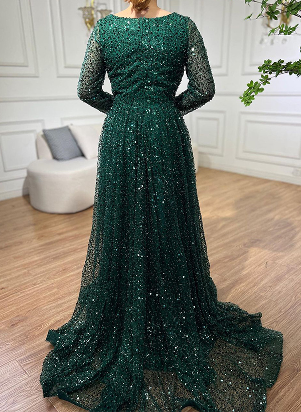 A-Line Square Neckline Long Sleeves Sweep Train Sequined Evening Dresses