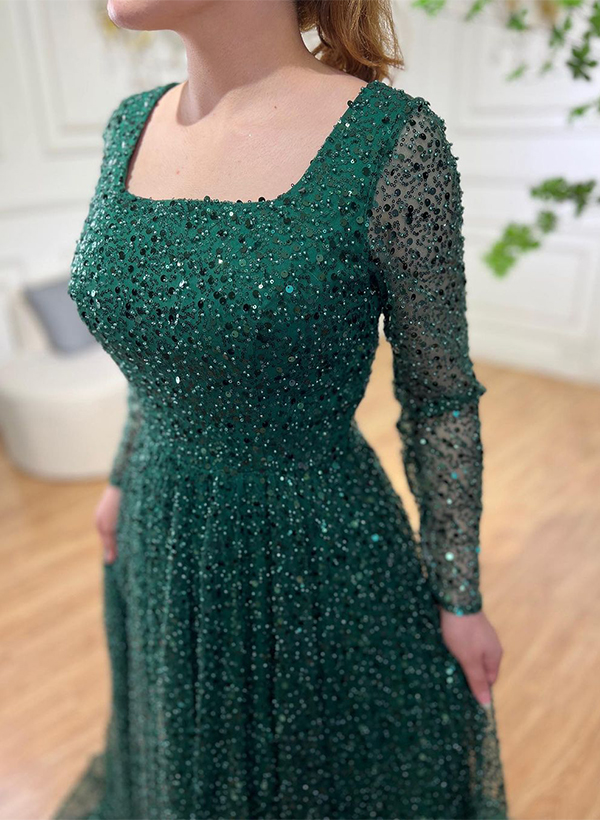 A-Line Square Neckline Long Sleeves Sweep Train Sequined Evening Dresses