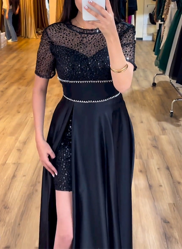 A-Line Illusion Neck Short Sleeves Sequined Evening Dresses With Split Front
