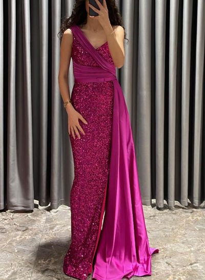 One-Shoulder Sparkly Sequined Evening Dresses With Sheath/Column