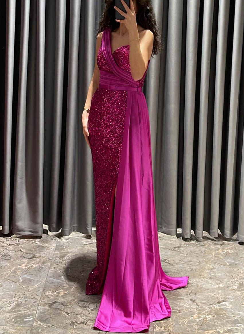One-Shoulder Sparkly Sequined Prom Dresses With Sheath/Column