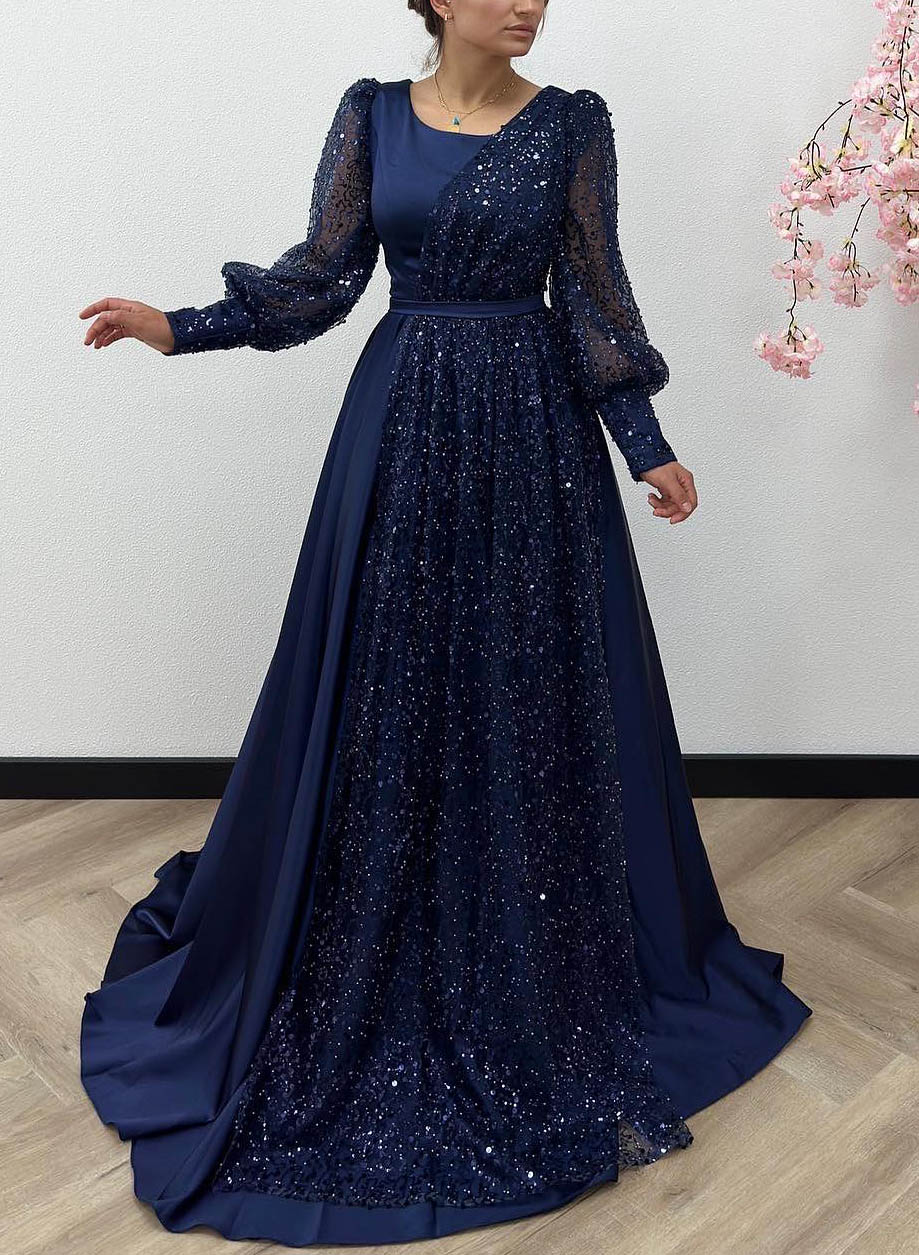 Square Neckline Long Sleeves Sequined A-Line Evening Dresses