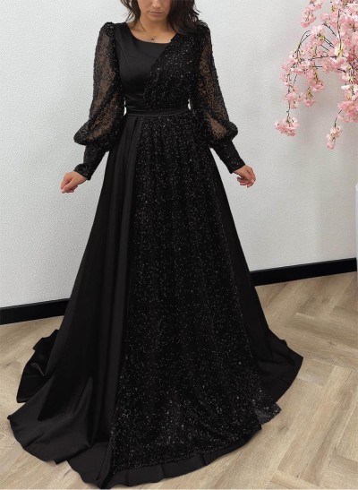 Square Neckline Long Sleeves Sequined A-Line Evening Dresses