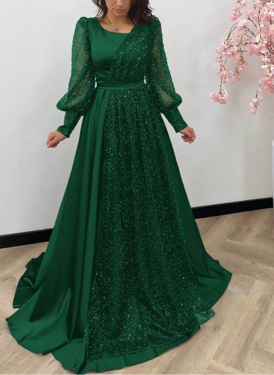 Square Neckline Long Sleeves Sequined A-Line Evening Dresses