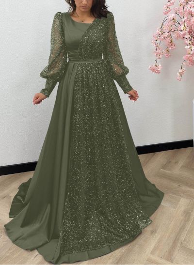 Square Neckline Long Sleeves Sequined A-Line Evening Dresses