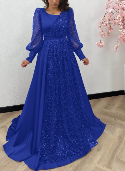 Square Neckline Long Sleeves Sequined A-Line Evening Dresses