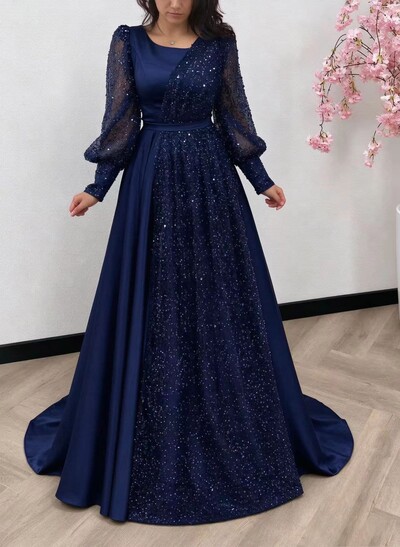 Square Neckline Long Sleeves Sequined A-Line Evening Dresses