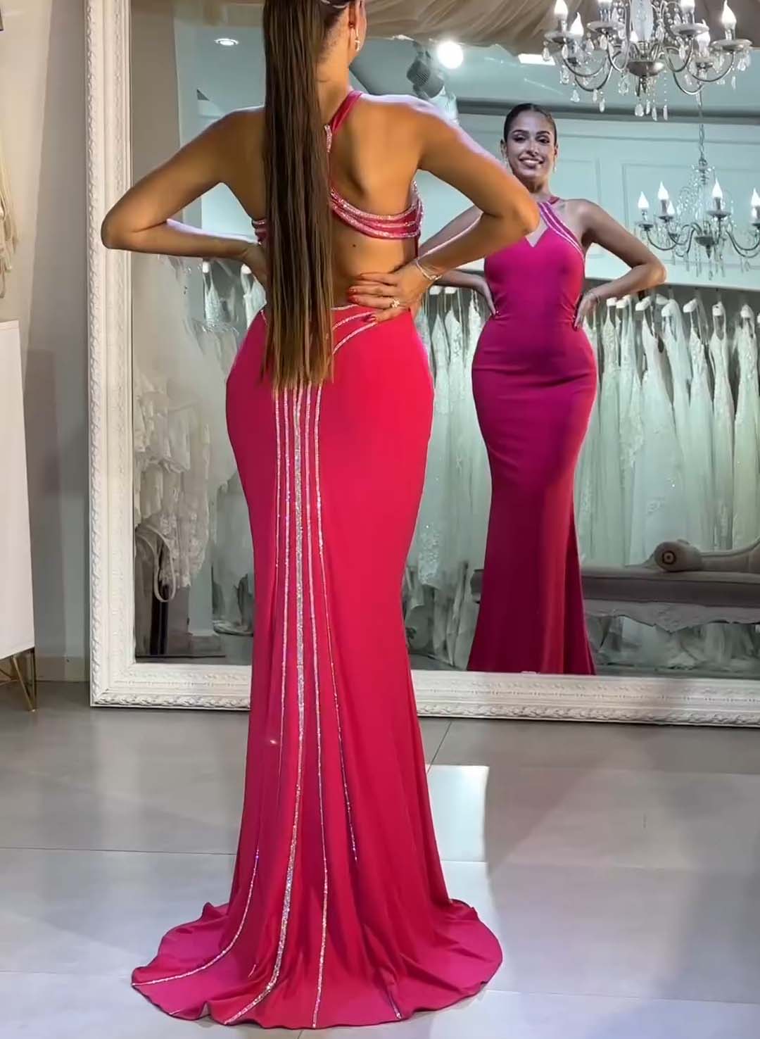 Sequined Trumpet/Mermaid Open Back Prom Dresses
