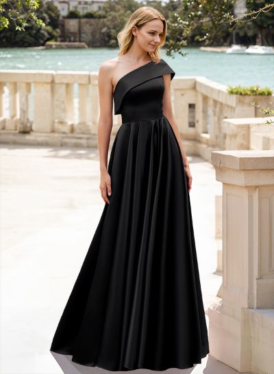 A-Line One-Shoulder Sleeveless Floor-Length Satin Evening Dresses