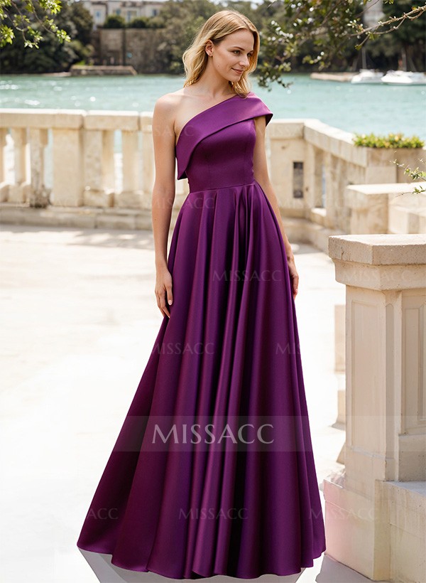 A-Line One-Shoulder Sleeveless Floor-Length Satin Evening Dresses