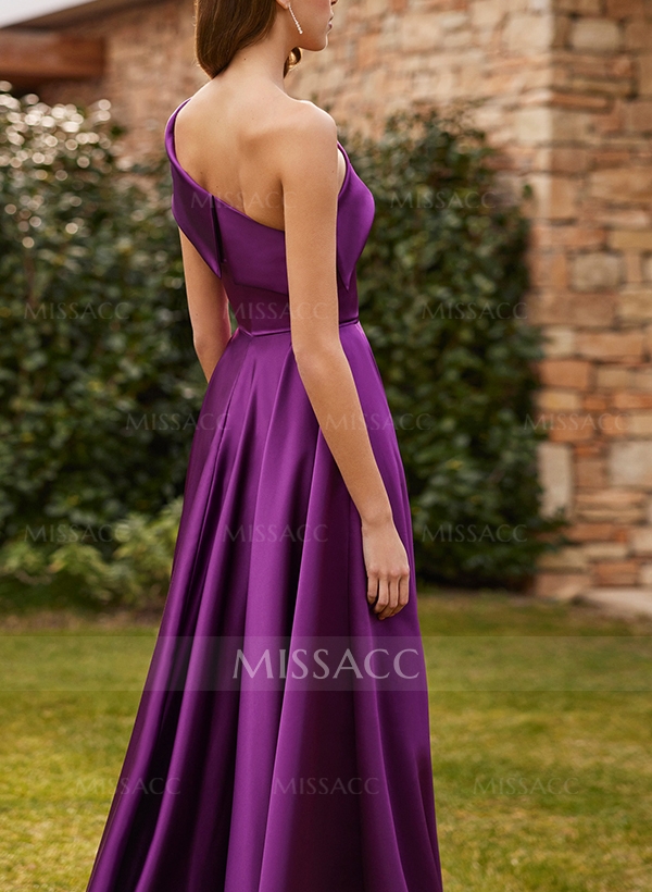 A-Line One-Shoulder Sleeveless Floor-Length Satin Evening Dresses