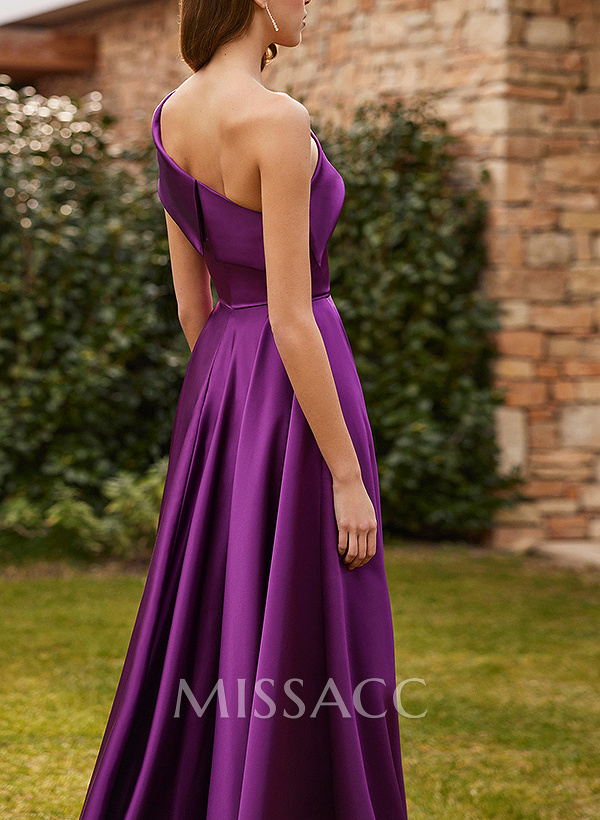 A-Line One-Shoulder Sleeveless Floor-Length Satin Evening Dresses