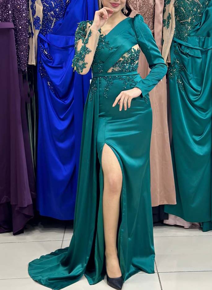 Lace Long Sleeves Asymmetrical Neck Prom Dresses