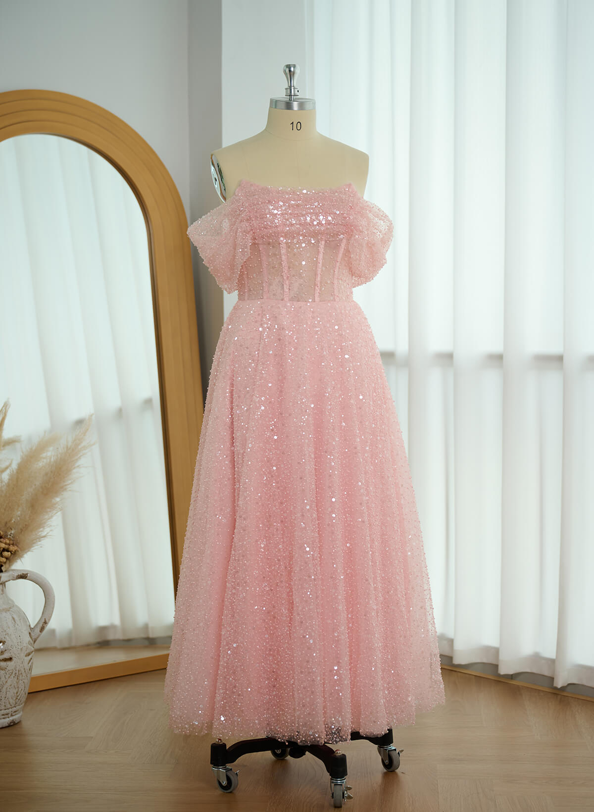 A-Line Off-The-Shoulder Sleeveless Ankle-Length Sequined Evening Dresses