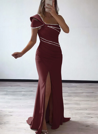 Flattering Bedazzled One-Shoulder Cap Straps Evening Dress With Split Front