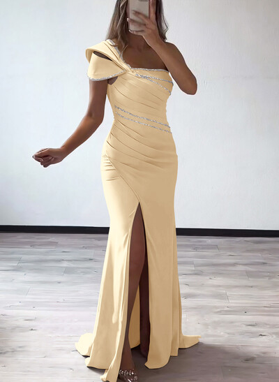 Flattering Bedazzled One-Shoulder Cap Straps Evening Dress With Split Front