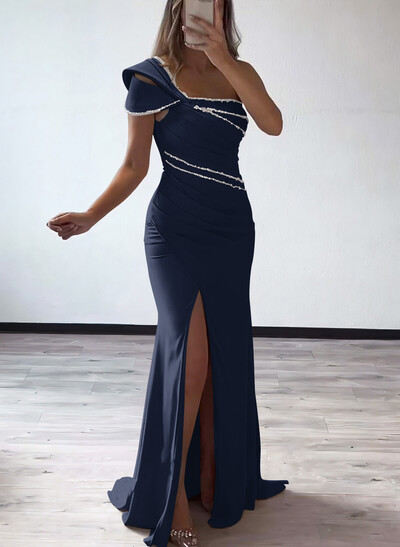 Flattering Bedazzled One-Shoulder Cap Straps Evening Dress With Split Front