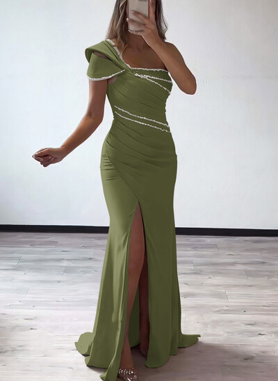 Flattering Bedazzled One-Shoulder Cap Straps Evening Dress With Split Front