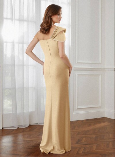 Flattering Bedazzled One-Shoulder Cap Straps Evening Dress With Split Front