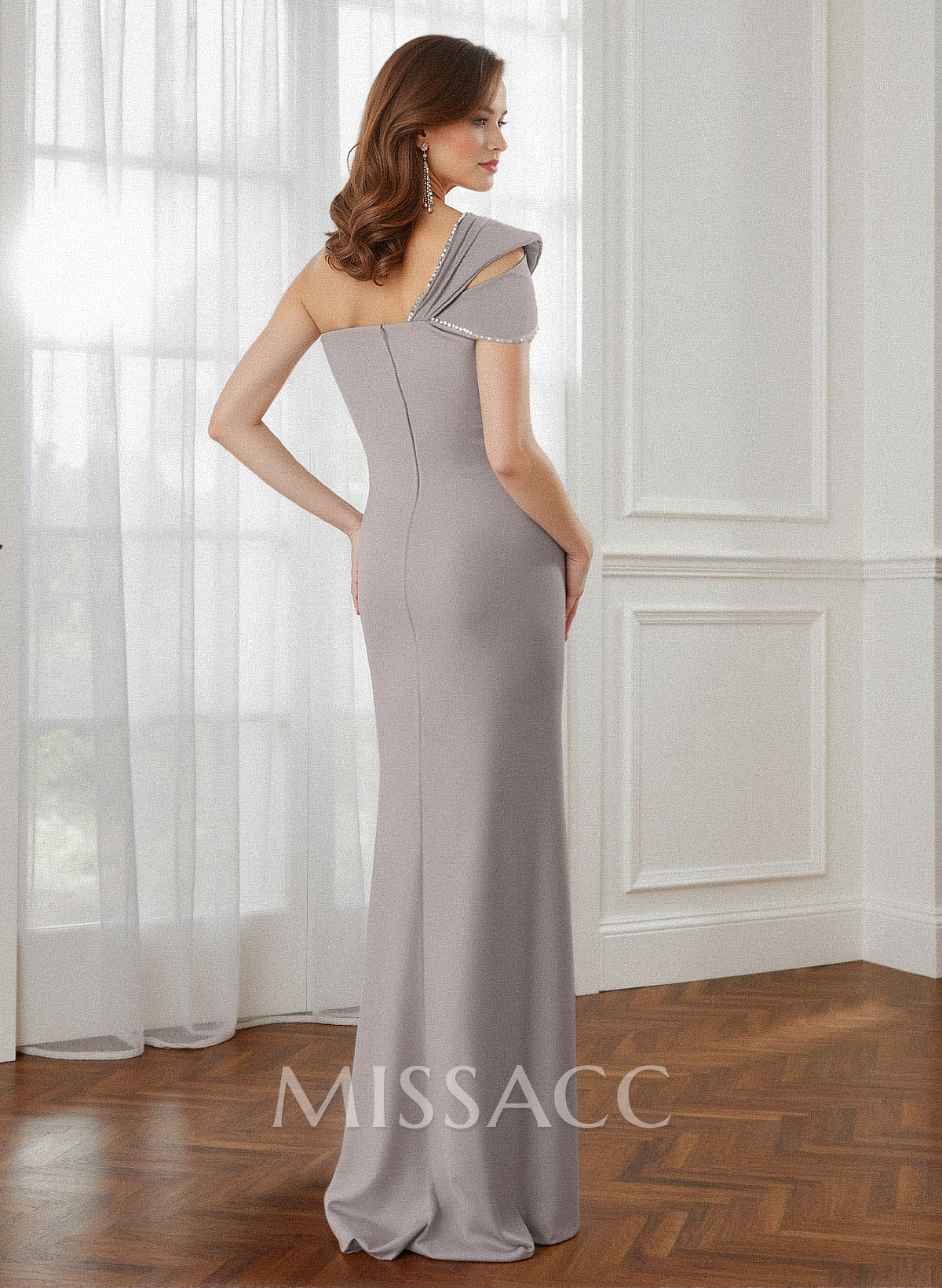 Flattering Bedazzled One-Shoulder Cap Straps Evening Dress With Split Front Flattering Bedazzled One-Shoulder Cap Straps Evening Dress With Split Front
