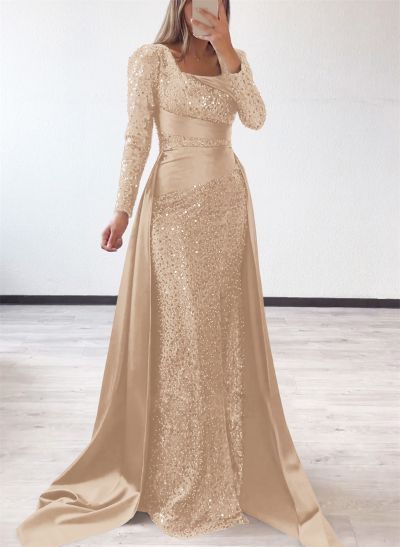 Square Neckline Long Sleeves Sequined Evening Dresses