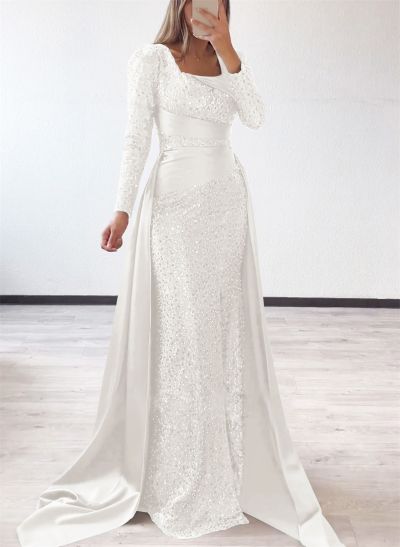 Square Neckline Long Sleeves Sequined Evening Dresses