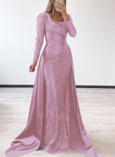 Square Neckline Long Sleeves Sequined Evening Dresses