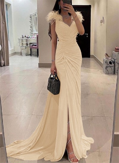 Sheath/Column V-Neck Sleeveless Chiffon Evening Dresses With Split Front