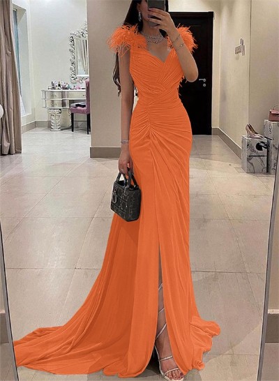 Sheath/Column V-Neck Sleeveless Chiffon Evening Dresses With Split Front