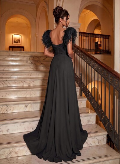 Sheath/Column V-Neck Sleeveless Chiffon Evening Dresses With Split Front