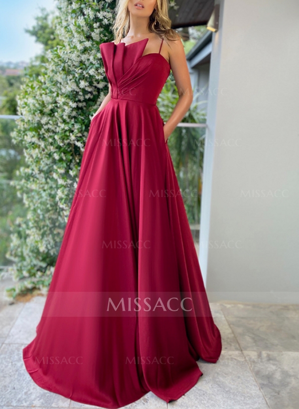 A-Line Sleeveless Sweep Train Satin Evening Dresses