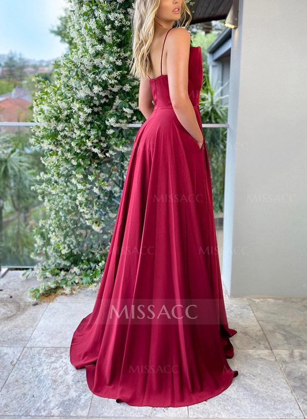 A-Line Sleeveless Sweep Train Satin Evening Dresses