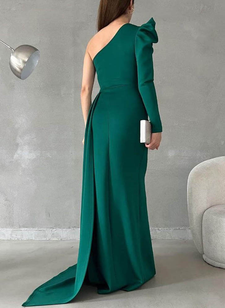 One-Shoulder Long Sleeves Evening Dresses With Pearl
