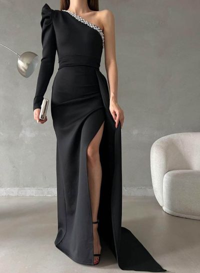 One-Shoulder Long Sleeves Evening Dresses With Pearl