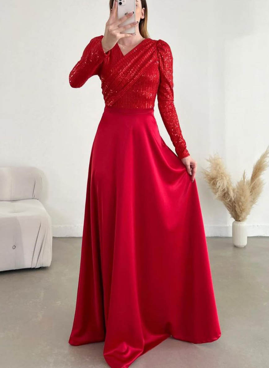 Sequined Long Sleeves A-Line Evening Dresses