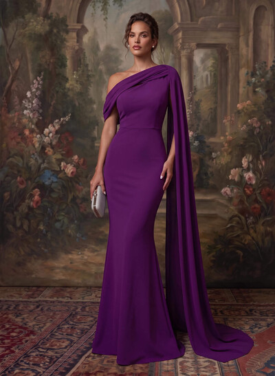 Elegant Asymmetrical Neck Simple Evening Dresses With Cape