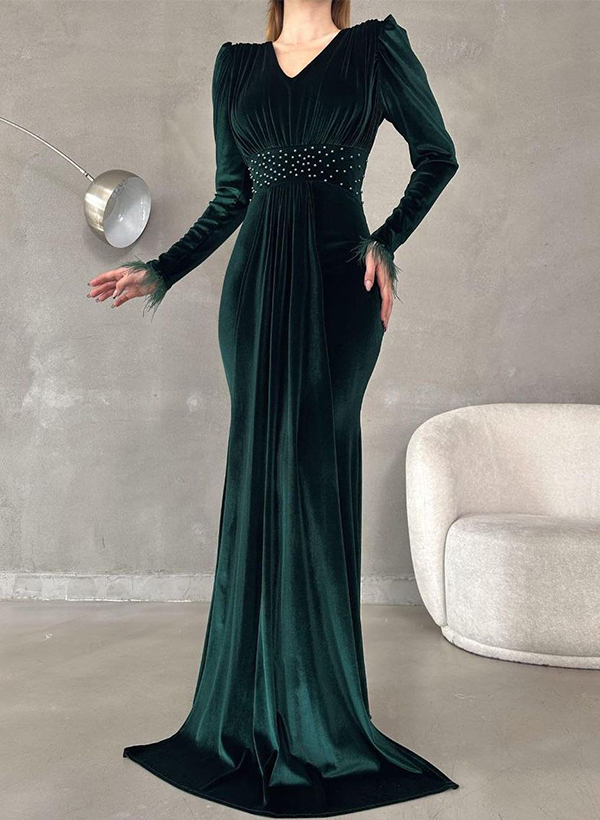 Sheath/Column V-Neck Long Sleeves Velvet Evening Dresses With Beading