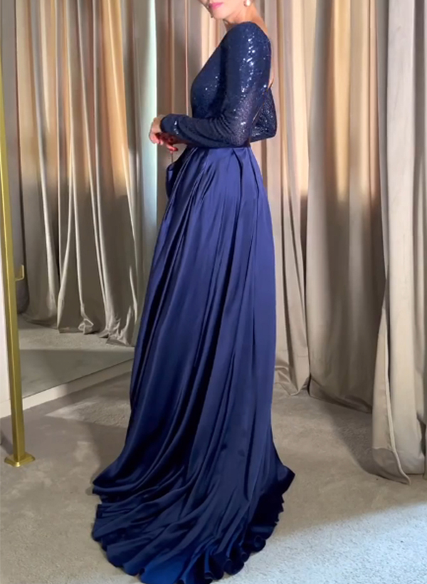 A-Line V-Neck Long Sleeves Sweep Train Sequined Evening Dresses With Sash