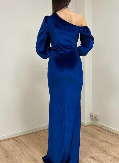 Velvet Asymmetrical Neck Long Sleeves Sheath/Column Evening Dresses