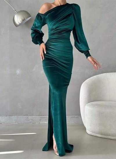 Velvet Asymmetrical Neck Long Sleeves Sheath/Column Evening Dresses