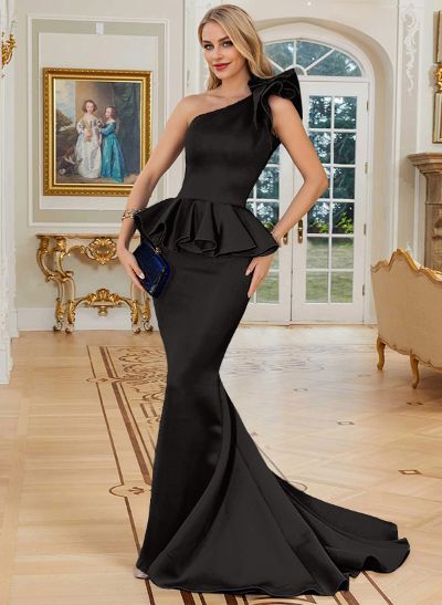 Trumpet/Mermaid One-Shoulder Satin Evening Dresses With Cascading Ruffles